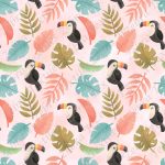 Toucan et feuillage fond rose
