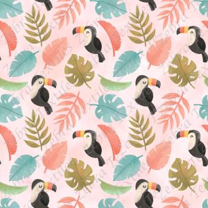 Toucan et feuillage fond rose