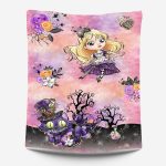Blondinette et chat fond orangé mauve Panneau doudou