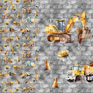 Camion de construction jaune fond brique Panneau doudou