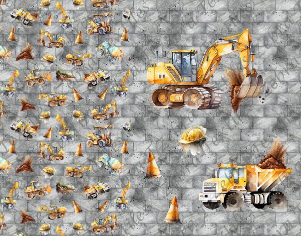 Camion de construction jaune fond brique Panneau doudou