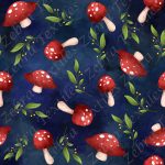Champi rouge et feuillage fond bleu