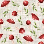 Champi rouge et feuillage fond lin beige