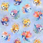 Poisson jaune et bleu floral fond bleu