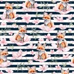 Renard et fleur rose fond rayé marine