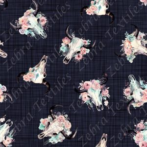 Skull buffle et fleur rose fond lin marine