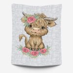 Vache highland fleur fond lin gris Panneau doudou