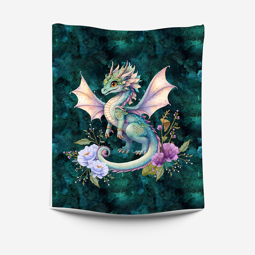 Dragon de la forêt fond nébuleuse aqua Panneau doudou