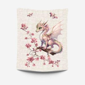 Dragon rose floral fond lin beige Panneau doudou