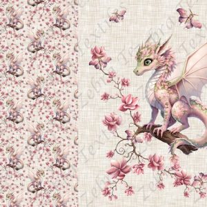 Dragon rose floral fond lin beige Panneau doudou