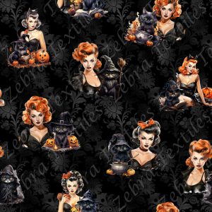 Fille pin up halloween fond noir floral