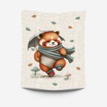 Panda en automne fond lin beige Panneau doudou