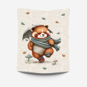 Panda en automne fond lin beige Panneau doudou