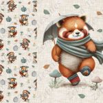 Panda en automne fond lin beige Panneau doudou
