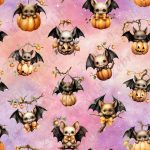 Chauve-souris et citrouille fond rose mauve