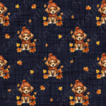 Chien et feuille d'automne fond lin marine