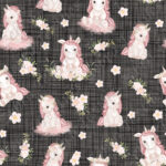 Licorne et fleur rose fond lin gris moka