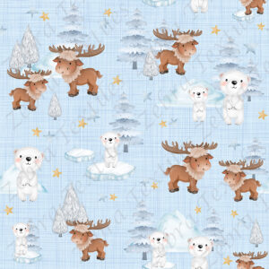 Ours polaire et caribou fond lin bleu