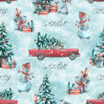 Bonhomme de neige et sapin fond bleu