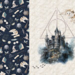 Château des sorciers 2 fond lin beige et bleu Panneau