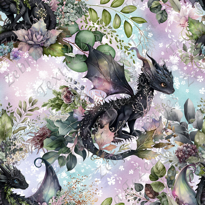 Dragon noir et feuillage fond fleur blanche