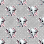 Éléphant et fleur rose fond gris à pois