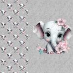 Éléphant et fleur rose fond gris à pois Panneau doudou