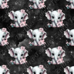Éléphant et fleur rose fond noir galaxie