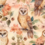 Hibou élégant et fleur fond crème