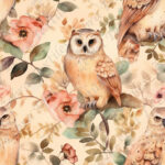 Hibou et fleur rosé fond beige