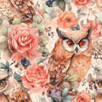 Hibou et fleur rose fond crème