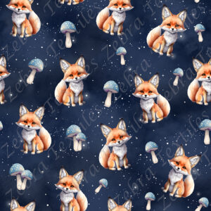 Renard roux et champi bleu fond bleu