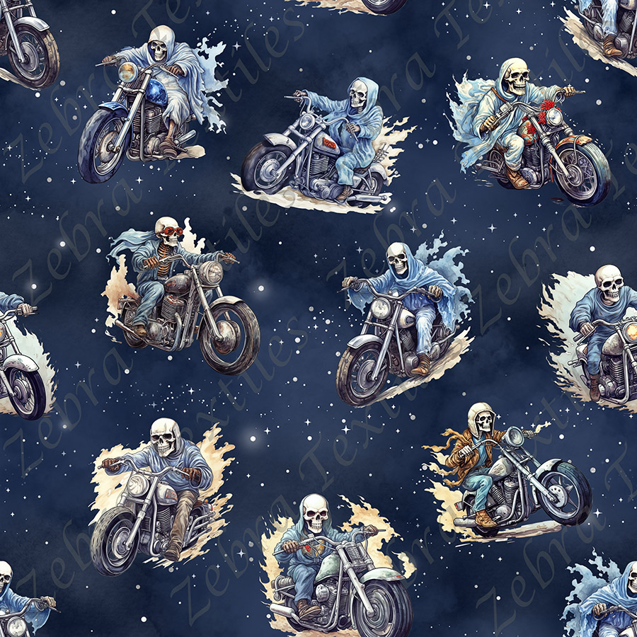 Squelette en moto fond bleu étoilé