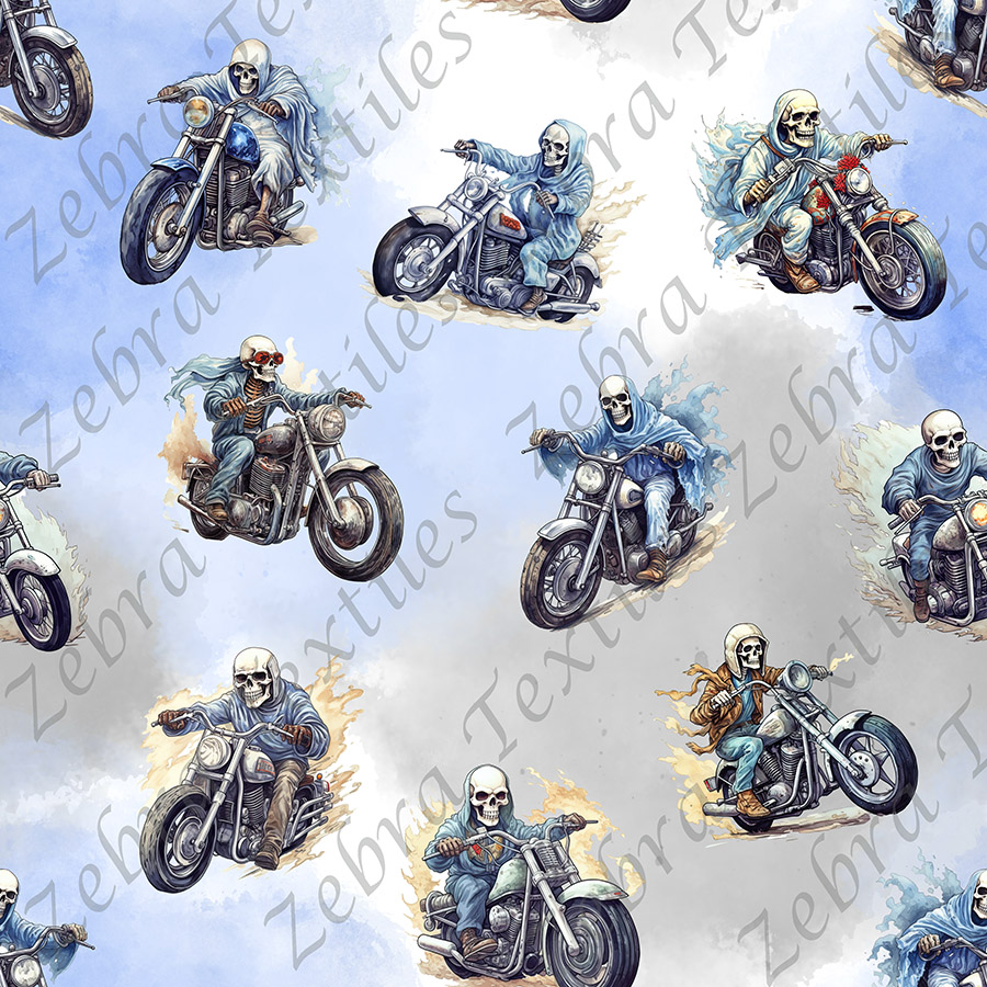 Squelette en moto fond bleu gris