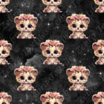 Bébé léopard et fleur fond galaxie noir