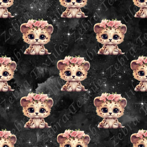 Bébé léopard et fleur fond galaxie noir