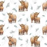 Vache Highland et feuillage fond blanc
