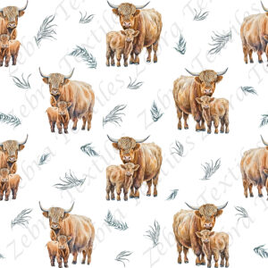 Vache Highland et feuillage fond blanc