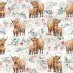 Vache Highland et feuillage fond floral
