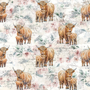 Vache Highland et feuillage fond floral
