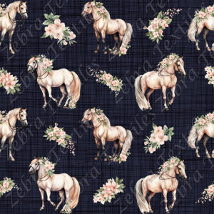 Cheval crème et fleur fond lin marine