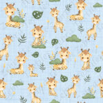 Girafe et buisson fond lin bleu