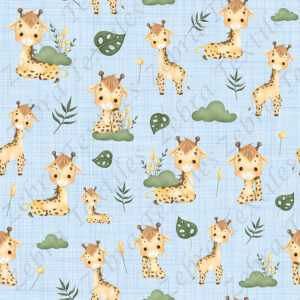 Girafe et buisson fond lin bleu