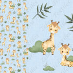Girafe et buisson fond lin bleu