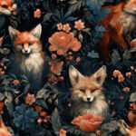 Renard roux et fleur rosé fond noir
