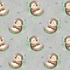 Bébé loutre et feuillage fond gris