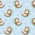 Bébé loutre et feuillage fond lin bleu 3