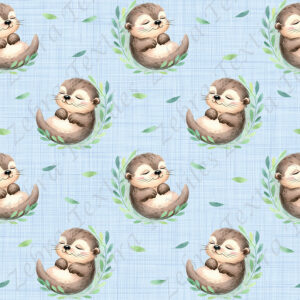 Bébé loutre et feuillage fond lin bleu 3