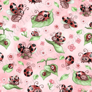 Coccinelle et feuille fond rose