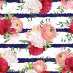 Floral rosé fond rayé marine